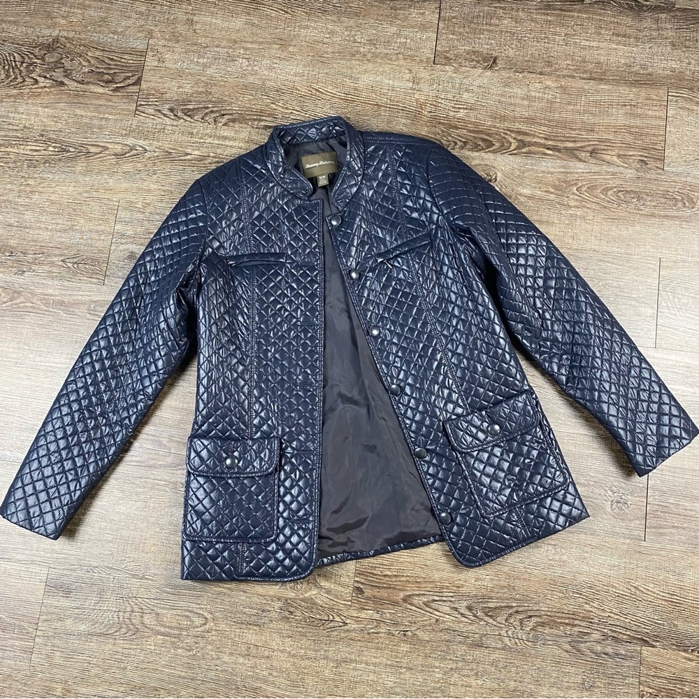 Tommy Bahama Jacket M Blue Quilted Button Front Nylon Lined Lightweight Coat